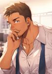  1boy bara brown_hair collared_shirt facial_hair highres kiri_futoshi large_pectorals male_focus muscular muscular_male necktie original pectorals shirt short_hair solo twitter_username undone_necktie upper_body white_shirt 