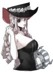  1girl aosora2823 bare_shoulders black_dress blush breasts cropped_torso dress flat_color flower hat hat_flower highres kumacy large_breasts long_hair looking_at_viewer looking_to_the_side one_piece perona simple_background solo strapless strapless_dress tongue tongue_out upper_body very_long_hair white_background 