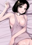  1girl arm_up black_hair breasts brown_eyes dytm groin highres large_breasts looking_at_viewer loose_clothes loose_shirt lying no_bra on_back original out-of-frame_censoring shirt short_hair solo sweat tank_top 