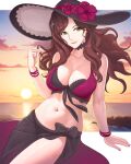  1girl absurdres bangle bikini black_bikini black_sarong bracelet breasts brown_hair dorothea_arnault dorothea_arnault_(summer) earrings fire_emblem fire_emblem:_three_houses fire_emblem_heroes green_eyes hair_twirling hat highres jewelry lace-trimmed_headwear lace_trim lips long_hair looking_at_viewer medium_breasts multicolored_clothes multicolored_swimsuit navel ocean official_alternate_costume pink_lips red_bikini sarong smile solo star_(symbol) star_earrings sun sun_hat sunset swimsuit truejekart 
