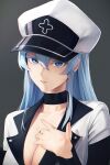 1girl absurdres akame_ga_kill! alaskastomatoez black_choker blue_eyes blue_hair breasts choker cleavage collared_shirt esdeath grey_background hair_between_eyes hand_up hat highres large_breasts light_blue_hair long_hair looking_at_viewer parted_lips peaked_cap shirt solo straight_hair thick_eyelashes upper_body white_headwear 
