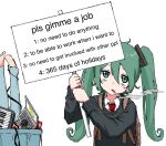  1girl aiu404l backpack bag bags_under_eyes bed_sheet black_sweater blue_pants brown_bag cigarette computer dr_pepper green_eyes green_hair hair_between_eyes hair_ribbon hatsune_miku highres holding holding_sign in_trash_can instrument laptop list long_hair necktie non-web_source pants placard red_necktie ribbon shirt sign smoke smoking sweater synthesizer trash_can twintails vocaloid white_background white_shirt wire 