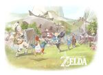  black_pants blonde_hair blue_tunic blue_vest brown_pants canvas_(object) commentary cucco grass highres horse kakariko kchang57 korok link mountainous_horizon pants pikango princess_zelda princess_zelda_(botw) scenery the_legend_of_zelda the_legend_of_zelda:_breath_of_the_wild vest village white_hair wide_shot 