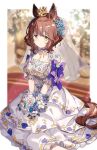  1girl an_oath_to_my_dear_challengers_(umamusume) animal_ears aston_machan_(haute_couture_memory)_(umamusume) aston_machan_(umamusume) bouquet breasts brown_hair crown dress flower green_eyes hair_flower hair_ornament highres holding holding_bouquet horse_ears horse_girl horse_tail large_breasts looking_at_viewer migolu mini_crown official_alternate_costume sitting smile solo tail umamusume wedding_dress 