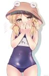  1girl \||/ against_wall blonde_hair bloom breasts commentary_request covering_mouth cowboy_shot drop_shadow hands_up hat highres long_hair moriya_suwako one-piece_swimsuit petite ramudia_(lamyun) small_breasts solo swimsuit thigh_gap touhou 