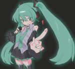  ! 1girl :q bare_shoulders black_skirt black_sleeves black_thighhighs blurry blush_stickers breasts closed_mouth collared_shirt cowboy_shot depth_of_field detached_sleeves fingerprint foreshortening glowing green_eyes green_hair green_nails green_necktie grey_shirt hair_between_eyes hair_ornament hatsune_miku headphones highres holding holding_microphone index_finger_raised licking_lips long_hair looking_at_viewer microphone miniskirt nail_polish necktie nial number_tattoo outstretched_arm pleated_skirt shirt shoulder_tattoo skirt sleeveless sleeveless_shirt small_breasts smile solo standing tattoo thighhighs tongue tongue_out twintails v-shaped_eyebrows very_long_hair vocaloid zettai_ryouiki 