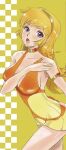  1girl armband blonde_hair blue_eyes blush breasts choker cleavage collarbone commentary_request cutie_honey cutie_honey_(character) dress embarrassed hairband heart kiyo_(joe) large_breasts long_hair looking_at_viewer magical_girl open_mouth shiny_skin short_dress solo torn_clothes 