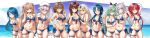  6+girls absurdres ahoge aqua_eyes aqua_hair arthur_ko bare_arms bare_legs bare_shoulders beret bikini black_choker black_ribbon blonde_hair blue_bikini blue_eyes blue_hair blush braid breasts brown_eyes brown_hair choker closed_mouth collarbone commentary_request cosplay cowboy_shot front-tie_bikini_top front-tie_top green_eyes grey_hair grin groin hair_between_eyes hair_flaps hair_ornament hair_ribbon hairclip hand_on_own_hip harusame_(kancolle) hat heterochromia highres holding holding_whistle index_finger_raised kantai_collection kawakaze_(kancolle) kawakaze_kai_ni_(kancolle) large_breasts leaning_forward light_brown_hair long_hair looking_at_viewer low_twintails medium_breasts mole mole_under_eye multiple_girls murasame_(kancolle) murasame_kai_ni_(kancolle) navel ocean pink_hair red_eyes red_hair ribbon samidare_(kancolle) shigure_(kancolle) shigure_kai_san_(kancolle) shigure_kai_san_(kancolle)_(cosplay) shiratsuyu_(kancolle) shiratsuyu_kai_ni_(kancolle) side_ponytail sidelocks single_braid small_breasts smile suzukaze_(kancolle) swimsuit thigh_strap twin_braids twintails twitter_username two_side_up umikaze_(kancolle) umikaze_kai_ni_(kancolle) very_long_hair whistle whistle_around_neck white_headwear wide_image yamakaze_(kancolle) yamakaze_kai_ni_(kancolle) yellow_eyes yuudachi_(kancolle) yuudachi_kai_ni_(kancolle) 