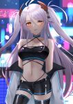  1girl absurdres antenna_hair azur_lane bandeau bare_shoulders black_choker black_shorts black_thighhighs breasts choker cleavage commentary_request cowboy_shot hair_between_eyes halterneck highres konparu_uran large_breasts long_hair looking_at_viewer midriff navel off_shoulder parted_lips prinz_eugen_(azur_lane) short_shorts shorts solo standing stomach thighhighs thighs two_side_up very_long_hair white_hair yellow_eyes 