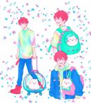  1boy backpack bag bibibimix39 closed_eyes collage dog given hood hoodie kedama_(given) male_focus open_clothes open_mouth satou_mafuyu simple_background smile snowflake_print white_background white_dog white_hoodie 