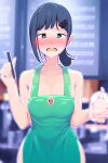  1girl apron bangs barista black_hair blurry blurry_background blush cafe chainsaw_man collarbone crying crying_with_eyes_open cup disposable_cup green_apron hair_ornament hairclip higashiyama_kobeni highres holding holding_cup holding_marker looking_at_viewer marker meme menu_board naked_apron short_hair short_ponytail side_ponytail single_sidelock solo sweat sweating_profusely swept_bangs tears theobrobine 