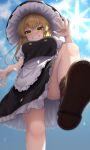  1girl :d apron backlighting bare_legs black_dress blonde_hair blue_sky blurry boots braid breasts brown_footwear cloud commentary_request depth_of_field dress fingernails frilled_dress frills from_below grin hair_between_eyes hat highres kirisame_marisa leg_up light_blush long_hair looking_at_viewer looking_down medium_breasts outdoors palms short_sleeves side_braid single_braid sky smile solo sun touhou waist_apron witch_hat yellow_eyes yosshy 