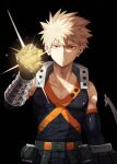  1boy akiyama_(noconoco) arm_at_side bakugou_katsuki bare_shoulders belt black_background black_shirt black_sleeves blonde_hair boku_no_hero_academia clenched_hand closed_mouth collarbone commentary_request detached_sleeves energy explosive gauntlets gloves green_belt green_gloves grenade hair_between_eyes hand_up highres looking_at_viewer male_focus red_eyes serious shirt short_hair simple_background sleeveless sleeveless_shirt solo spiked_hair two-tone_gloves v-shaped_eyebrows v_arms 