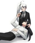  2boys ahoge black_necktie black_pants closed_eyes closed_mouth collared_shirt esther_(library_of_ruina) highres holding_another&#039;s_hair lap_pillow library_of_ruina long_sleeves lying moribe_denkou multicolored_hair multiple_boys necktie on_back pants project_moon red_eyes seiza shirt simple_background sitting streaked_hair tie_clip white_background white_hair white_shirt yan_vismok 