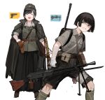  2girls absurdres bayonet black_shorts black_skirt brown_eyes brown_hair brown_jacket frustrated green_headwear green_shirt grey_shirt gun handgun hat highres imperial_japanese_army jacket katana light_machine_gun m1911 m249 machine_gun military_hat multiple_girls original rampart1028 shirt shorts sketch skirt smile sweatdrop sword type_99_light_machine_gun weapon 