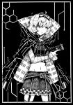  1girl ahoge binary border checkered_clothes checkered_skirt choker circuit_board_print cloak closed_mouth cowboy_shot detached_sleeves dot_nose garter_straps goggles goggles_on_head greyscale gun hair_over_one_eye harumayago highres holding holding_gun holding_weapon honeycomb_(pattern) layered_skirt magia_record:_mahou_shoujo_madoka_magica_gaiden magical_girl mahou_shoujo_madoka_magica midriff miniskirt miwa_mitsune monochrome mystical_high_collar navel short_hair skirt smile solo split_mouth strapless striped_sleeves swept_bangs tube_top two-sided_cloak two-sided_fabric weapon 