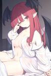  1girl arm_support bare_shoulders bat_wings blanket blush bottomless breasts closed_mouth garasuno hair_between_eyes hand_up head_wings highres indoors koakuma large_breasts light_smile long_hair looking_at_viewer off_shoulder on_bed one_eye_closed open_clothes open_shirt pointy_ears red_eyes red_hair redrawn rubbing_eyes sitting sleeves_past_wrists solo touhou wings 