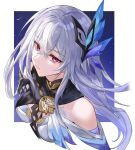 1girl bare_shoulders breasts butterfly_hair_ornament closed_mouth crossed_bangs detached_sleeves expressionless genshin_impact grey_hair hair_between_eyes hair_ornament highres kachi long_hair looking_at_viewer medium_breasts red_eyes simple_background skirk_(genshin_impact) solo upper_body 