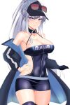  azur_lane back_cutout baseball_cap breasts cleavage clothing_cutout cowboy_shot dress enterprise_(azur_lane) enterprise_(wind_catcher)_(azur_lane) eyewear_on_headwear fingerless_gloves gloves grey_hair halter_dress halterneck hat highres large_breasts long_hair off-shoulder_coat off_shoulder orange-tinted_eyewear purple_eyes race_queen rxsilence single_fingerless_glove sunglasses thighhighs tinted_eyewear white_background 