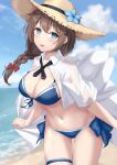  1girl absurdres beach bikini blue_bikini blue_eyes blue_flower blush braid breasts brown_hair brown_headwear collared_shirt cowboy_shot day flower hair_between_eyes hair_flaps hat hat_flower highres kantai_collection large_breasts long_hair looking_at_viewer monoku navel ocean official_alternate_costume open_clothes open_mouth open_shirt outdoors shigure_(kancolle) shigure_kai_san_(kancolle) shirt short_sleeves single_braid solo straw_hat swimsuit thigh_strap white_shirt 