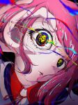  1girl absurdres blue_eyes collared_shirt commentary_request eye_focus hand_on_own_face highres hood hood_down jacket kaf_(kamitsubaki_studio) kamitsubaki_studio looking_at_viewer madaro multicolored_eyes neck_ribbon opening_eyes pink_hair ribbon shirt solo triangle_mouth virtual_youtuber warped white_hood yellow_pupils 
