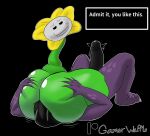  anthro big_butt big_penis bodily_fluids butt butt_grab dragon duo elemental_creature facesitting flora_fauna flower flower_creature flowey_the_flower genital_fluids genitals green_body hand_on_butt hi_res lexington_ulfric_izunia male male/male patreon penis petals plant precum purple_body reptile scales scalie sitting_on_another smug sweat text text_box thick_thighs throbbing throbbing_penis undertale undertale_(series) wetwaffls wyvern 