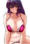  1girl absurdres akira_(yuibnm71) bikini blush breasts fate/grand_order fate_(series) hair_intakes highres large_breasts looking_at_viewer pink_bikini purple_bikini purple_hair pursed_lips red_eyes scathach_(fate) scathach_(swimsuit_assassin)_(fate) simple_background solo swimsuit white_background 