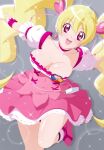  1girl blonde_hair boots bow breasts brooch choker cleavage cure_peach dress earrings fresh_precure! fuchi_(nightmare) grey_background hair_ornament heart heart_brooch heart_earrings heart_hair_ornament highres jewelry long_hair magical_girl open_mouth pink_bow pink_choker pink_eyes pink_footwear precure smile solo sparkle standing standing_on_one_leg twintails wrist_cuffs 