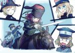  6+girls @_@ absurdres army belt bicorne blonde_hair blue_eyes bob_cut braid british_army brown_eyes brown_hair brown_horse buttons cavalry cavalry_sword charging_forward closed_eyes commentary crimean_war darjeeling_(girls_und_panzer) french_army girls_und_panzer gloves gold_trim hat highres holding holding_weapon horse horseback_riding hussar karasumi_(sumizono) katyusha_(girls_und_panzer) kepi long_hair long_sleeves medium_hair messy_hair military military_hat military_uniform multiple_girls open_mouth oshida_(girls_und_panzer) pants peaked_cap red_hair red_pants reins riding rosehip_(girls_und_panzer) rukuriri_(girls_und_panzer) russia russian_army russian_empire saber_(weapon) saddle short_hair shoulder_boards single_braid sweat sweatdrop sword teeth twin_braids uniform united_kingdom upper_body weapon white_belt white_gloves white_pants 