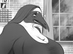  absurd_res anthro avian beak between_breasts big_breasts bird breasts brick_wall clothing curtains_open duo emperor_penguin extreme_size_difference female hi_res human inside larger_female library macro male mammal micro micro_on_macro monochrome mrs.timmia_(taylornoir) nun_outfit open_beak open_mouth penguin size_difference smaller_male stairs student surprised_expression taylornoir teacher teacher_and_student uniform wall_(structure) window 