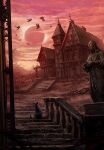  animal bird building cat crow eclipse game_cg gwent_(game) highres no_humans non-web_source official_art outdoors red_sky sky stairs statue the_witcher_(series) 