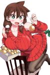  1girl :d amano_megumi amano_megumi_wa_suki_darake! aqua_eyes artist_name black_pantyhose blush breasts brown_hair chair christmas_ornaments cleavage clothing_cutout dress fang hair_between_eyes hair_over_shoulder highres holding kneeling large_breasts long_hair looking_at_viewer low_twintails nekoguchi official_art open_mouth pantyhose red_sweater shoulder_cutout signature simple_background smile solo sweater sweater_dress thighband_pantyhose twintails white_background 