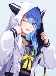  1girl ;d absurdres akabino animal_hood belt black_choker blue_eyes blue_hair choker hands_up highres hololive hood hood_up hoshimachi_suisei hoshimachi_suisei_(school_uniform) jacket looking_at_viewer neckerchief official_alternate_costume one_eye_closed sailor_collar smile solo teeth tongue tongue_out upper_body upper_teeth_only virtual_youtuber white_jacket yellow_neckerchief 