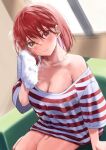 1girl absurdres arenoyoni blush bob_cut breasts cleavage collarbone couch heterochromia highres hololive houshou_marine large_breasts looking_at_viewer naked_shirt off_shoulder red_eyes red_hair shirt short_hair sitting solo steam striped striped_shirt t-shirt towel vertical-striped_shirt vertical_stripes virtual_youtuber wet yellow_eyes 