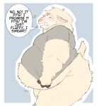  2023 anthro blush bottomless bovid caprine clothed clothing cowdypie dialogue embarrassed english_text eyes_closed hi_res male mammal obese overweight partially_clothed sheep shirt signature simple_background solo speech_bubble text topwear 