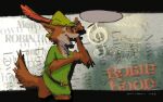  anthro belt canid canine clothing disney dreamywolfdd empty_speech_bubble fox hat_feather headgear headwear loose_feather male mammal musical_note red_fox robin_hood_(disney) solo speech_bubble tail treble_clef 