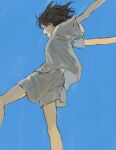  1girl black_hair blue_background blue_sky closed_eyes commentary_request day feet_out_of_frame highres kgeroua long_hair midair open_mouth original outdoors outstretched_arms shirt short_sleeves shorts sky smile solo white_shirt white_shorts 