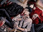  2boys alcohol artist_name bandaged_hand bandages bandaid bandaid_on_arm black_eyes black_hair black_jacket black_necktie blood blood_on_bandages blood_on_hands closed_mouth collared_shirt commentary_request couch crying cup cuts dated feet_out_of_frame hand_over_another&#039;s_eyes holding holding_cup ice ice_cube ichijou_seiya injury jacket jacket_removed kaiji long_hair long_sleeves looking_at_another male_focus medium_bangs multiple_boys murakami_tamotsu necktie painting_(object) pants red_hair red_shirt shirt short_hair sitting surgical_scissors undone_necktie unknown03162 white_necktie white_shirt 