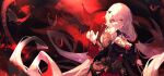  1girl absurdres artist_name bare_shoulders bat_(animal) black_dress breasts cleavage closed_mouth detached_sleeves dress flower gradient_hair hair_between_eyes hair_ornament highres honkai_(series) honkai_impact_3rd large_breasts long_hair long_sleeves looking_at_viewer multicolored_hair navel red_eyes rose see-through smile solo theresa_apocalypse twintails vampire very_long_hair white_hair xianluojimaomao2333 