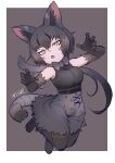  1girl absurdres animal_ear_fluff animal_ears arm_up bare_shoulders black_footwear black_hair black_serval_(kemono_friends) black_shirt border bow bowtie breast_pocket breasts cat_ears cat_girl cat_tail chibi claw_pose elbow_gloves full_body gloves hair_between_eyes hand_up hands_up high-waist_skirt highres jumping kemono_friends kemono_friends_3 light_blush looking_at_viewer masuyama_ryou multicolored_hair open_mouth outside_border pocket print_bow print_bowtie print_gloves print_scarf print_skirt print_thighhighs scarf serval_print shirt shirt_tucked_in shoes short_hair skirt sleeveless sleeveless_shirt solo tail taut_clothes taut_shirt thighhighs tsurime white_border yellow_eyes 