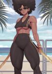  1girl abs absurdres afro bangle beach big_hair black_pants black_sports_bra bracelet breasts brown_lips commentary covered_nipples cowboy_shot dark-skinned_female dark_skin day dual_wielding earrings english_commentary fingernails golden_sword high-waist_pants highres holding horizon jewelry katana knees lips medium_hair multiple_necklaces multiple_scars muscular muscular_female neck_ring necklace nose ocean original pants scar scar_across_eye scar_on_arm scar_on_shoulders scar_on_stomach solo speedl00ver sports_bra standing sunglasses sword thick_thighs thighs underboob very_dark_skin weapon wide_hips yellow-framed_eyewear yoga_pants 