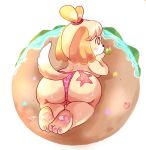  2021 accessory animal_crossing anthro asterozoan barefoot beach beverage big_butt biped blonde_hair butt canid canine canis clothed clothing dipstick_tail domestic_dog echinoderm feet female fisheye_lens fur furgonomics fushiana_ai hair hair_accessory hair_tie head_on_hand hi_res high-angle_view hindpaw isabelle_(animal_crossing) lying mammal marine markings nintendo on_front paws rear_view sand seashell seaside shell shih_tzu smile solo star starfish straw swimwear tail tail_markings topless toy_dog water wet wide_hips yellow_body yellow_fur 