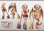  1girl ass axe barefoot battle_axe belt belt_buckle body_freckles body_markings boots breasts buckle chest_belt claws color_chart commission completely_nude corset demon_form demon_girl demon_horns demon_tail demon_wings english_commentary feet fiera_(chirutai) fingerless_gloves fire flaming_weapon freckles front_and_back gem gloves glowing glowing_eyes holding holding_axe horns jewelry maxa&#039; midriff multicolored_hair multiple_belts necklace nude orange_hair original red_corset red_gemstone reference_sheet sharp_teeth shiny_skin short_shorts shorts single_fingerless_glove single_glove small_breasts streaked_hair tail teeth weapon white_hair wings 