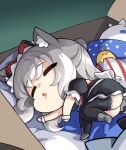  1girl american_flag american_flag_neckwear animal_ear_fluff animal_ears ass azur_lane bed_sheet bird black_thighhighs cat cat_ears cat_girl chibi chick commentary detached_sleeves drooling english_commentary fetal_position grey_hair hair_between_eyes hammann_(azur_lane) hm_(hmongt) long_hair lowres lying manjuu_(azur_lane) meowfficer_(azur_lane) on_side short_sleeves sidelocks sleeping thighhighs wrist_cuffs 