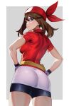  1girl ass bandana bike_shorts blue_eyes breasts brown_hair closed_mouth commentary from_behind hair_between_eyes hands_on_own_hips long_hair looking_at_viewer looking_back may_(pokemon) medium_breasts pokemon red_bandana red_shirt shirt short_hair solo standing thighs volyz 