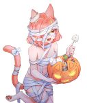  1girl :d animal_ear_fluff animal_ears animal_feet bandage_over_one_eye bandages blonde_hair breasts candy cat_ears cat_girl cat_tail food halloween_bucket halloween_costume highres lingxia lollipop multicolored_hair mummy_costume naked_bandage one_eye_covered original pink_hair red_eyes shaped_lollipop smile streaked_hair tail two-tone_hair 