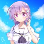  1girl ascot black_ascot blue_sky blush breasts closed_mouth commentary_request cube_hair_ornament day eyelashes hair_between_eyes hair_ornament hand_up highres large_breasts looking_at_viewer mizuori_shizuku one-hour_drawing_challenge outdoors puffy_short_sleeves puffy_sleeves purple_eyes purple_hair sailor_collar school_uniform shirt short_sleeves signature sky smile solo summer_pockets upper_body utuigawa white_sailor_collar white_shirt 