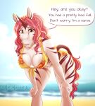  absurd_res beach bikini breasts brown_eyes cleavage clothed clothing dialogue english_text equid equine hair hands_on_legs hi_res horn hybrid impala_lily_(thecatnamedfish) leaning leaning_forward looking_at_viewer mammal purple_hair sea seaside stripes swimwear text thecatnamedfish unicorn water zebra zony 