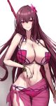  1girl absurdres bare_shoulders bikini bracelet breasts cleavage collarbone fate/grand_order fate_(series) flower gae_bolg_(fate) hair_between_eyes hair_flower hair_ornament hibiscus highres jewelry large_breasts long_hair looking_at_viewer navel polearm purple_bikini purple_hair red_eyes sarong scathach_(fate) scathach_(swimsuit_assassin)_(fate) shiroshisu sketch smile solo spear swimsuit thighs weapon 