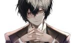  1boy absurdres bandage_on_neck black_hair black_jacket black_suit bungou_stray_dogs closed_mouth dappled_sunlight dazai_osamu_(bungou_stray_dogs) formal hair_between_eyes highres jacket long_sleeves looking_at_viewer male_focus own_hands_together red_eyes shirt short_hair sidelocks simple_background smile solo suit sunlight upper_body user_wjpu7573 white_background white_shirt 